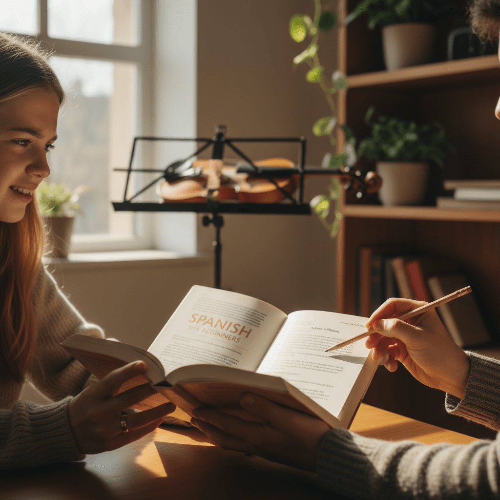 Student and teacher hands studying language textbook together with violin visible in background, natural window light