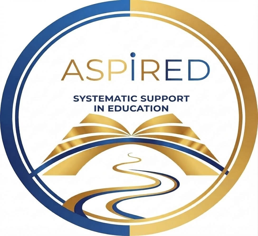 ASPIRED Systematic Support in Education logo featuring a gold book and winding blue path.