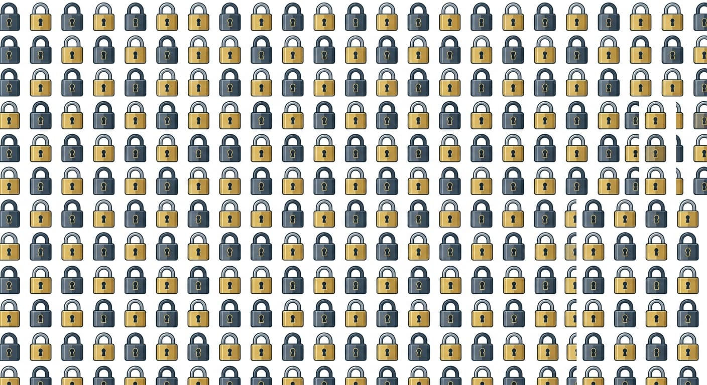 A repeating grid pattern of dark grey and gold padlocks on a white background.