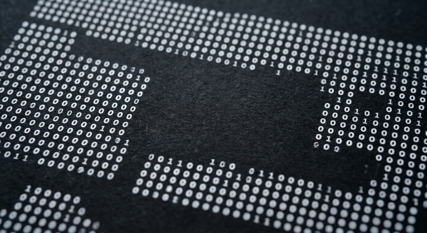 Macro shot of white binary code zeros and ones printed on a dark textured surface.