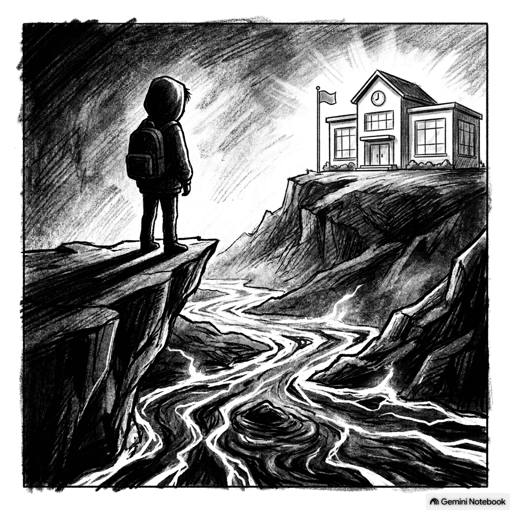 Hooded student on a cliff gazes across a turbulent chasm at a glowing school.